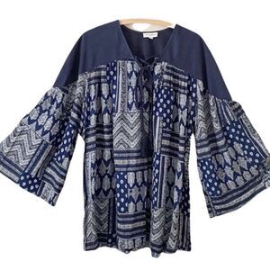 NEW Cotton Bleu Boho Lace Up Cotton Top